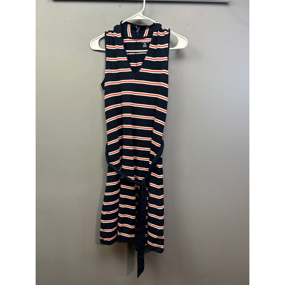 Lands' End Dress Women XS Blue Striped Sleeveless‎ V-Neck Tie Waist Pique Knit